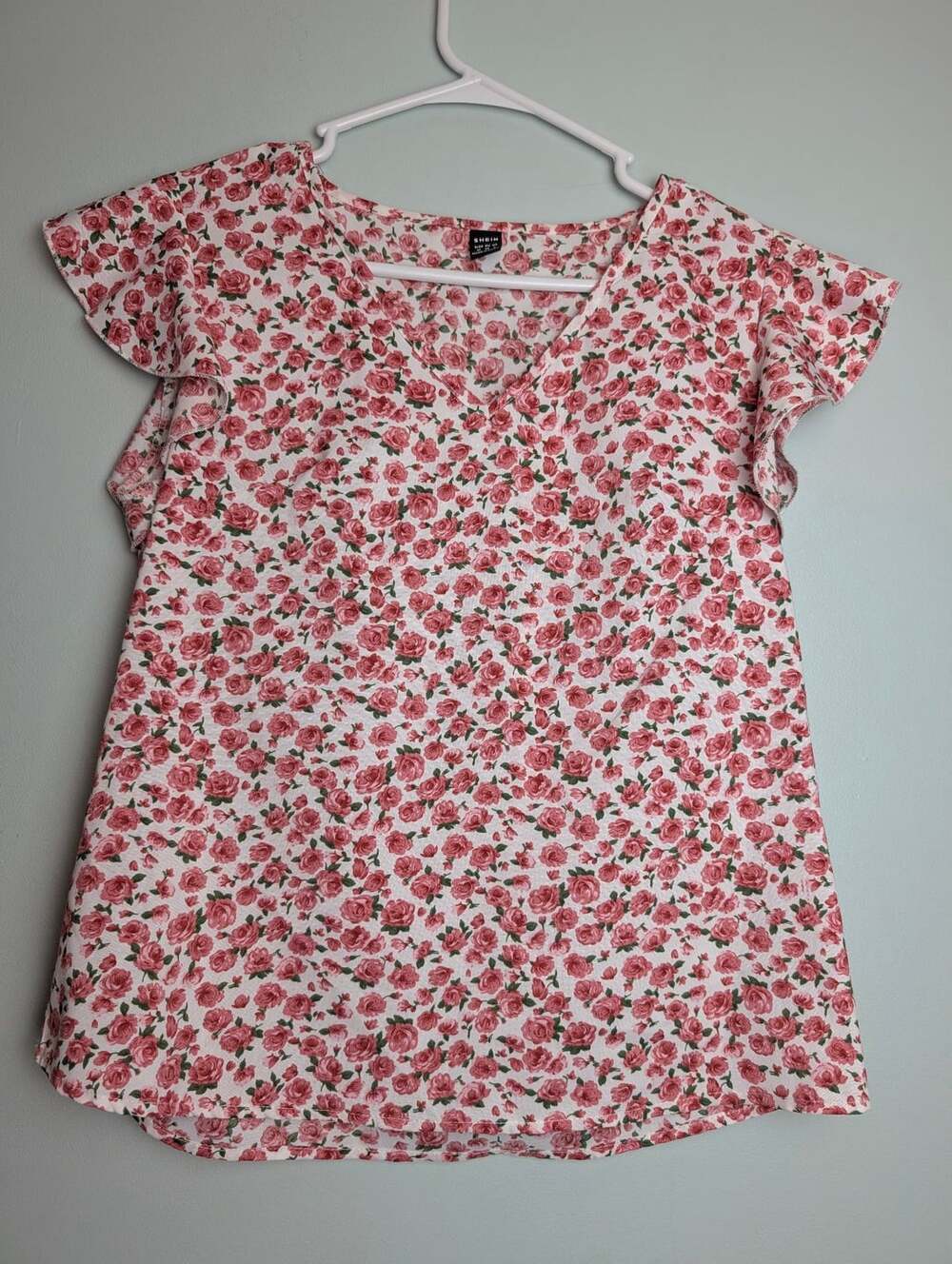 ​Romanticstyle Coquette Floral Print Ruffle Sleeve Pink V-Neck